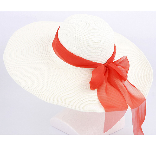 Paper straw large brim with wired edge and ribbon tie hat
