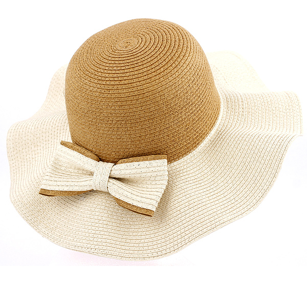 Two tone straw and ribbon deco floppy hat