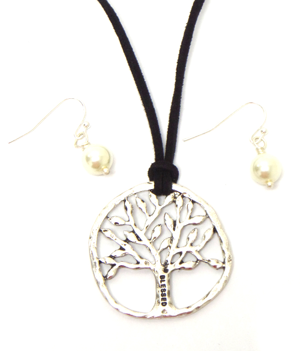Handmade suede metal life tree pendant necklace set 
