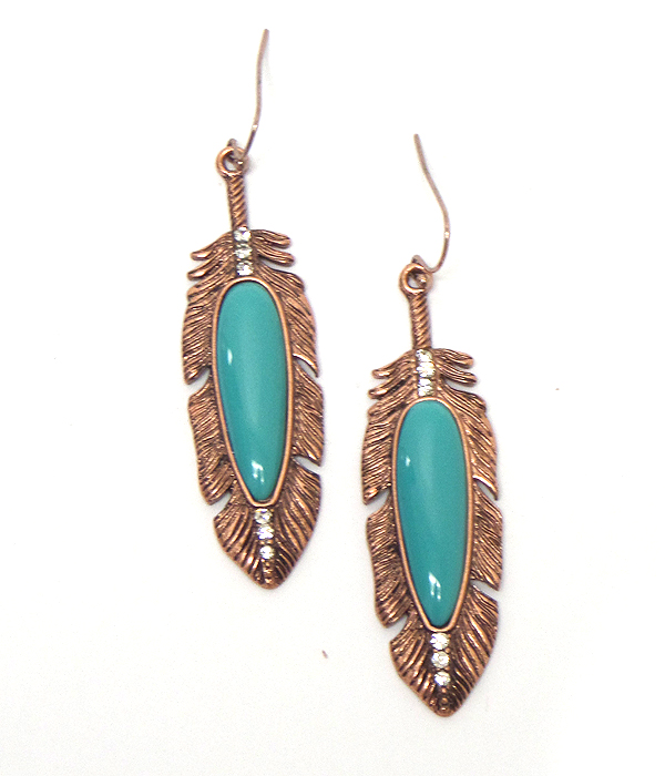 Metal feathers with stone center fish hook earrings 
