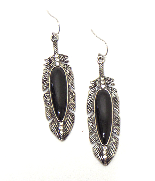 Metal feathers with stone center fish hook earrings 