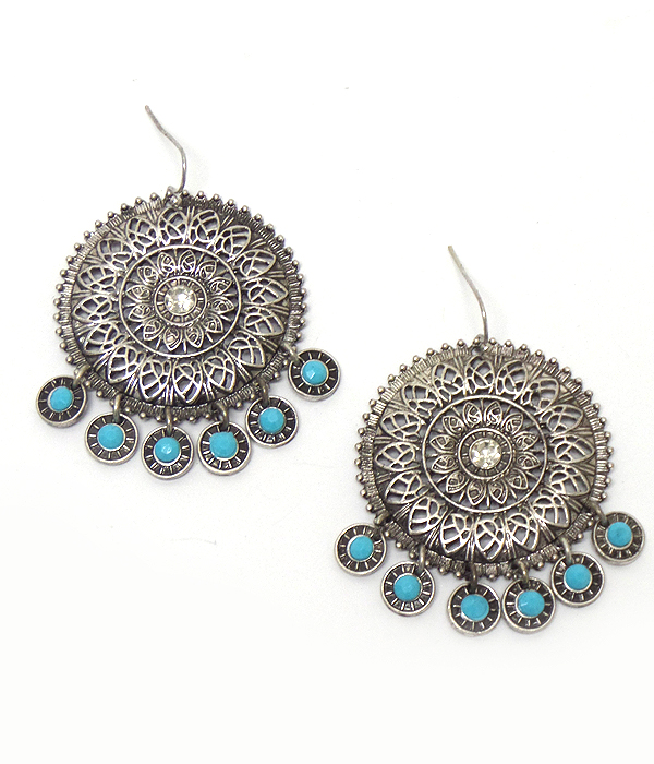 Flower with small stone drop fish hook earrings 