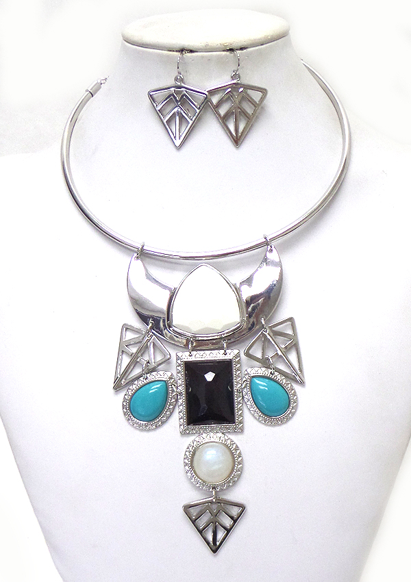 Multi metal designs drop choker necklace