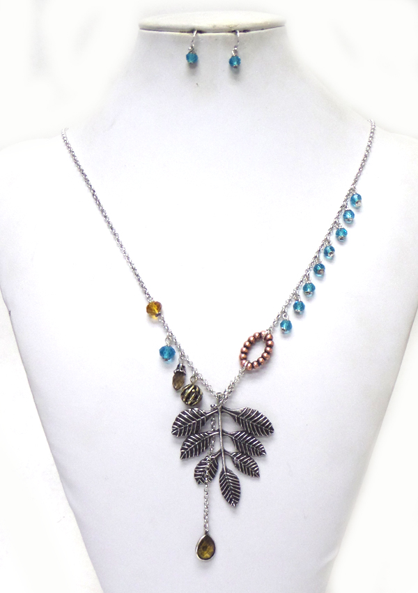 Metal textured leafs with beads drop necklace set