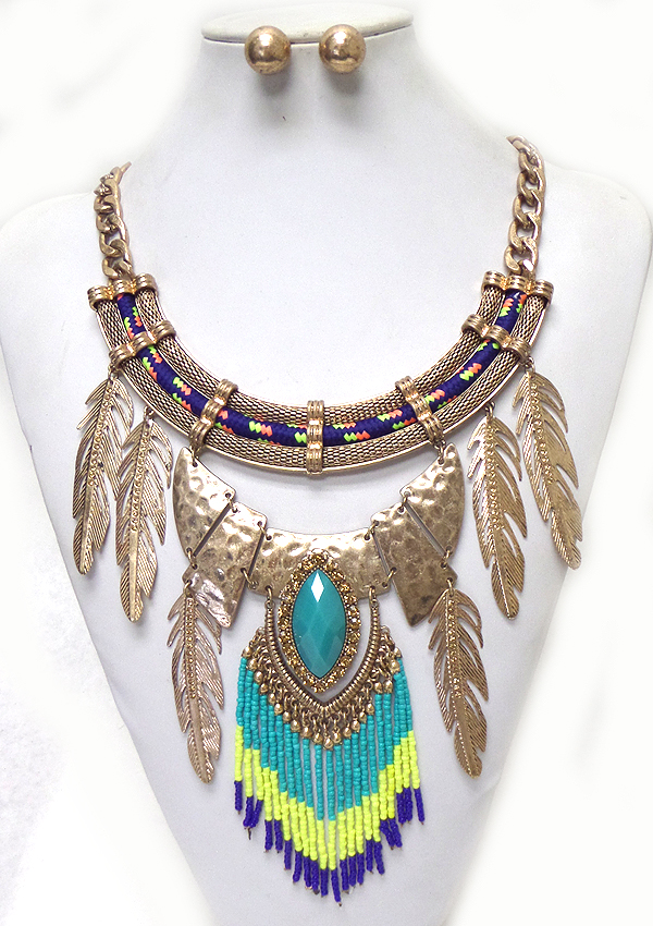 THREE LAYER ROPE METAL FEATHERS DROP NECKLACE SET