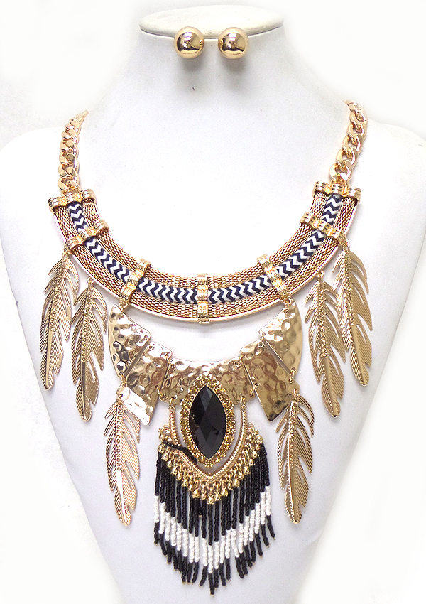 THREE LAYER ROPE METAL FEATHERS DROP NECKLACE SET