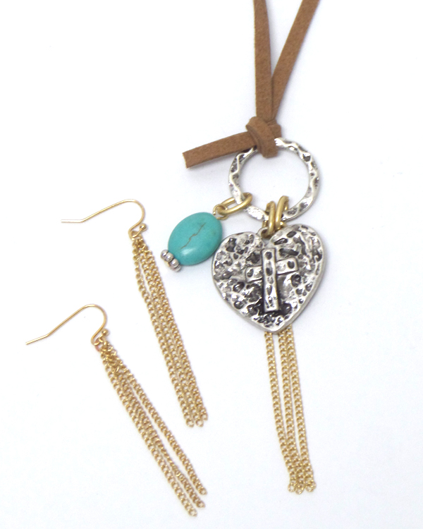 Heart with tassel drop suede necklace