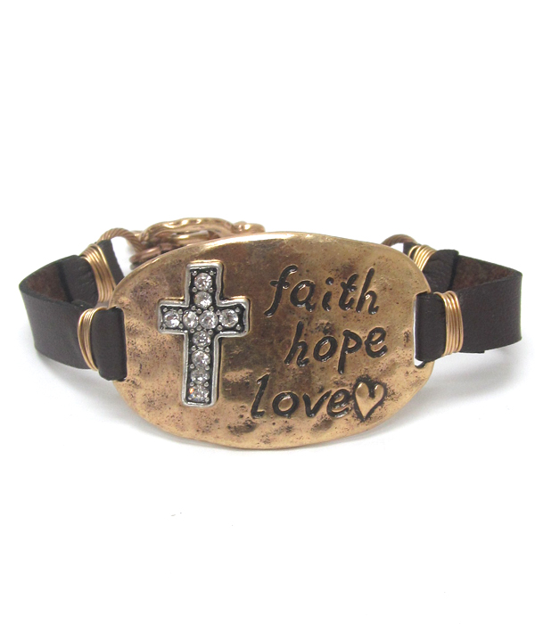 Cross faith hope love leather back bracelet
