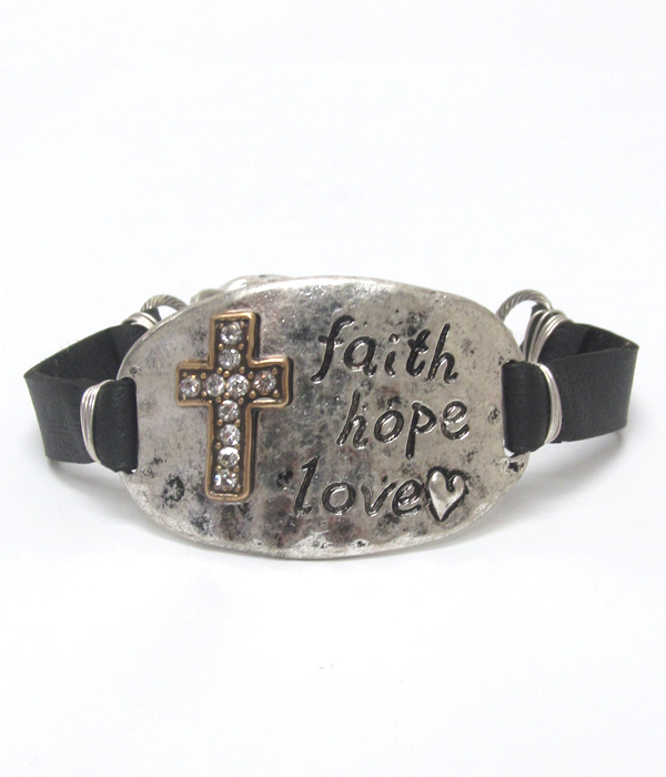 CROSS FAITH HOPE LOVE LEATHER BACK BRACELET