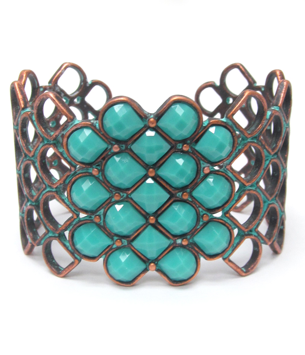 Turquoise center copper and patina cuff bracelet