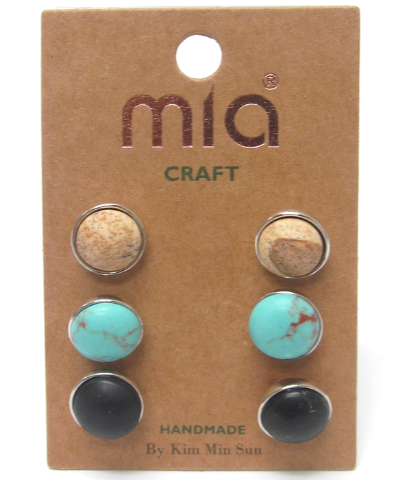Mixed genuine stone three pair earring set