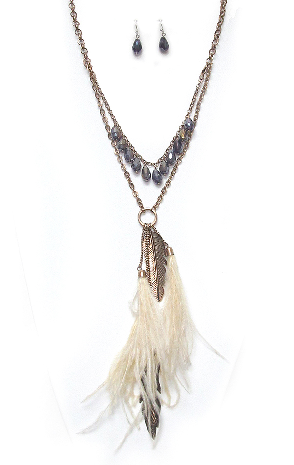 Feather mix drop double layered necklace set