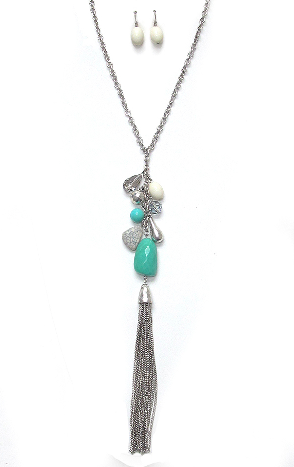 Genuine stone and fine chain tassel long nekclace set