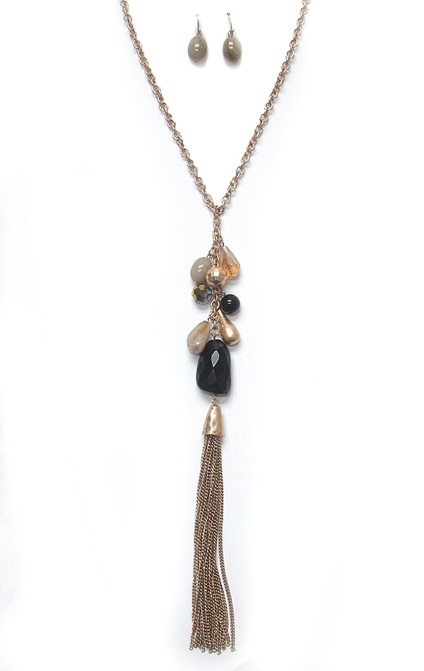 Genuine stone and fine chain tassel long nekclace set