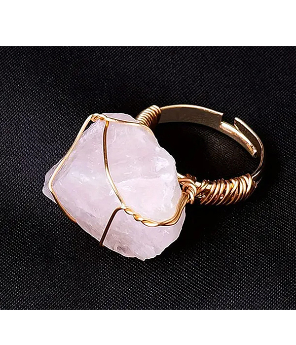 Raw semi precious stone adjustable ring - rose quartz