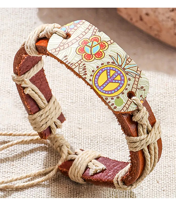 Peace print leatherette pull tie bracelet