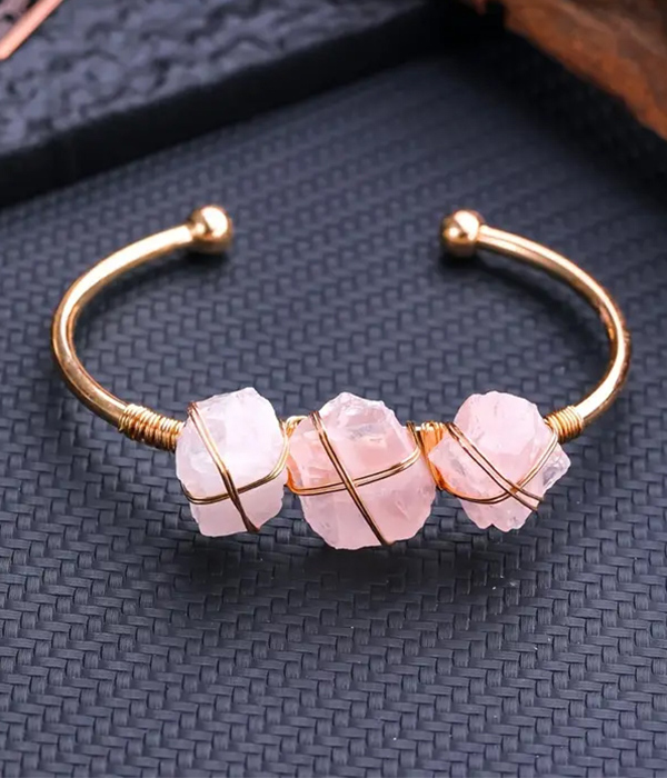 Raw semi precious stone wire bangle bracelet - crystal
