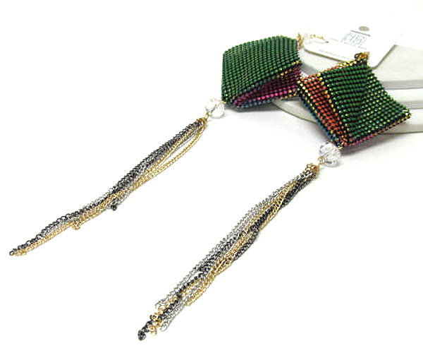 SQUARE FOLDED COLORED METAL MESH DROP ONE CRYSTAL GLASS AND MULTI CHAIN DROP EARRING
