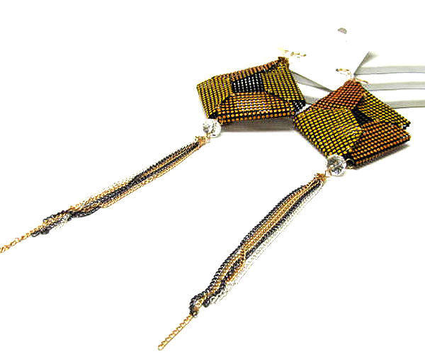 Cut out square folded colored metal mesh drop one crystal glass and multi chain drop earring