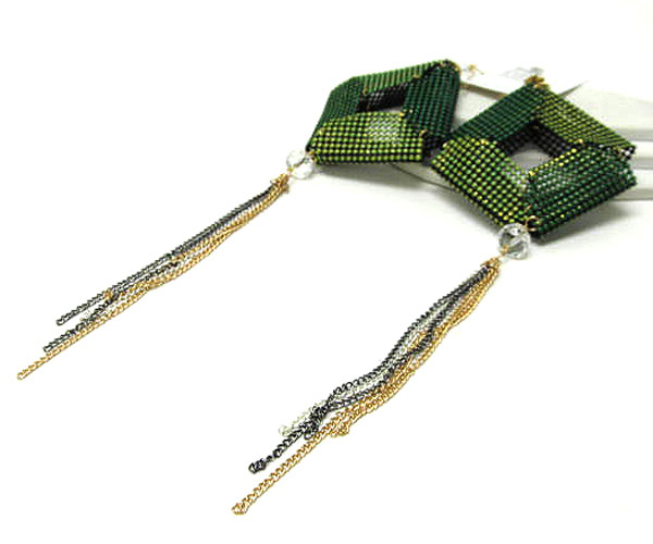 Cut out square folded colored metal mesh drop one crystal glass and multi chain drop earring