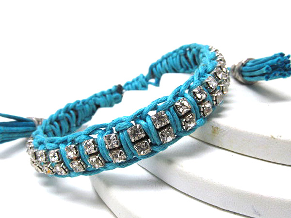 Two crystal line patern and braided cord stretch bracelet
