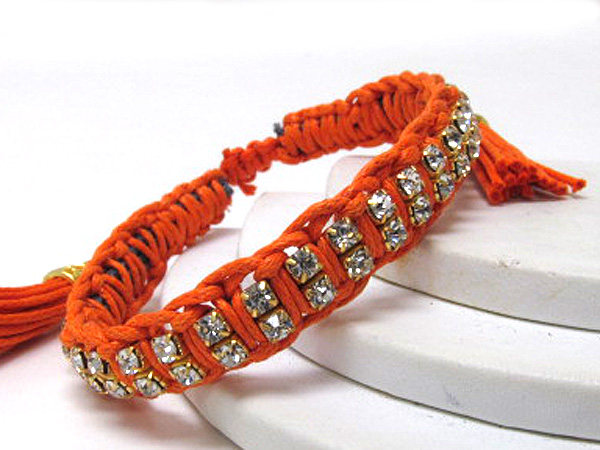 Two crystal line patern and braided cord stretch bracelet