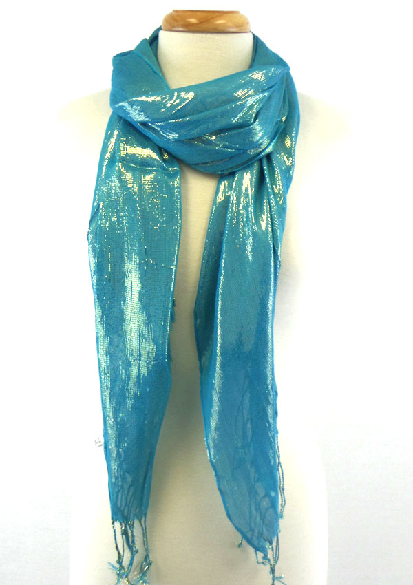 Metallic fabric and tassel scarf