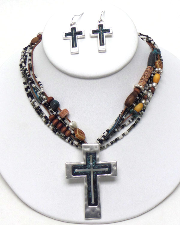 Hammered cross and multi beads chain necklace earring set