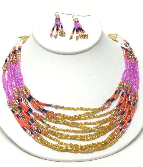 Multi color seed beads and chain mix necklace earring set