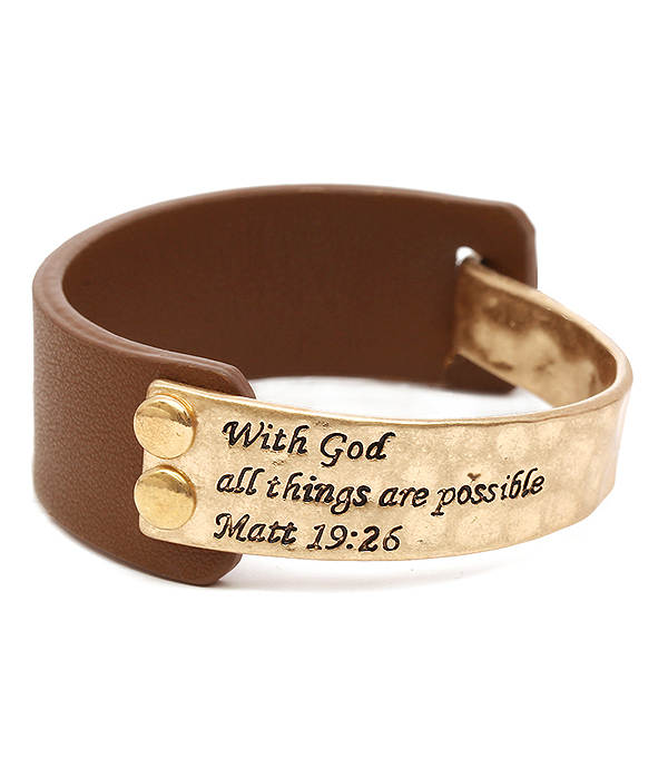Religious inspiration message metal and leather bangle bracelet - matt 19:26