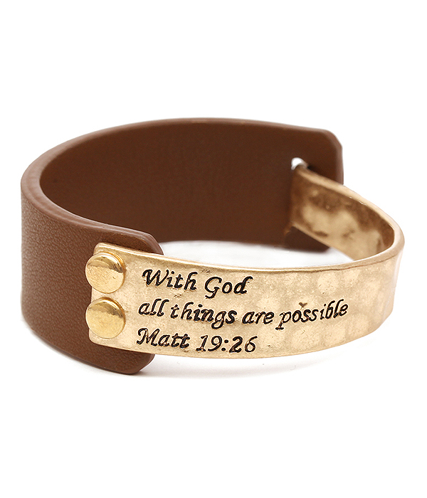 RELIGIOUS INSPIRATION MESSAGE METAL AND LEATHER BANGLE BRACELET - MATT 19:26