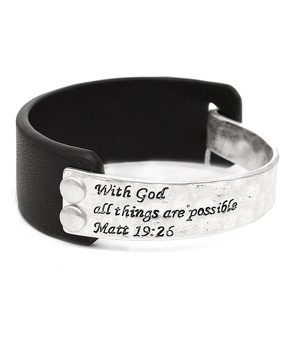 Religious inspiration message metal and leather bangle bracelet - matt 19:26