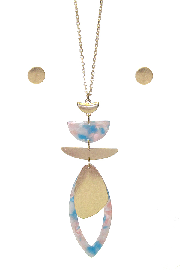 Organic cellulose and metal mix pendant long chain necklace set