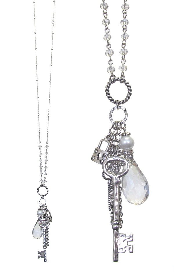 VINTAGE FILIGREE AND FACET STONE MIX LONG NECKLACE - KEY