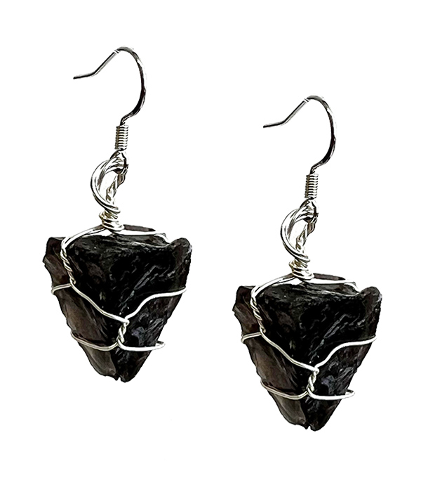 Raw semi precious stone earring - obsidian