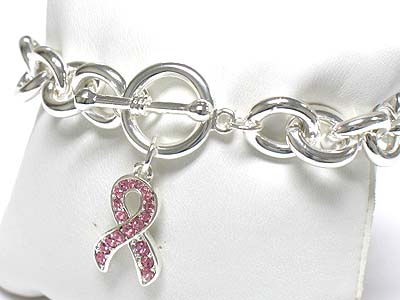 Breast cancer awareness crystal pink ribbon charm toggle bracelet