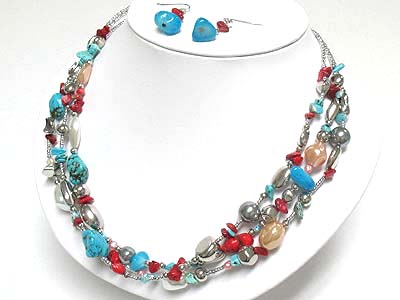 Triple hanging layer natural stone and beads necklace and earring set