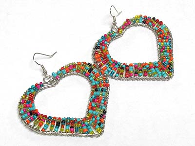 Multi color seed beads threads heart earring
