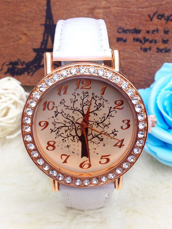 Tree of life print crystal stud leather band watch