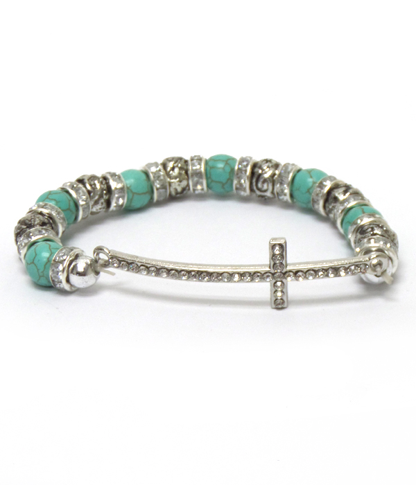 Crystals cross with turquoise stone bracelet