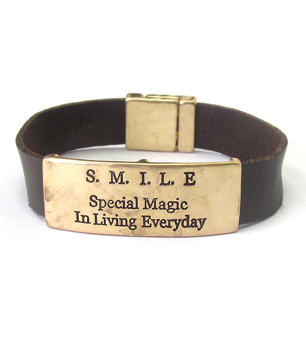 Inspiration message plate and leather band magnetic bracelet - smile