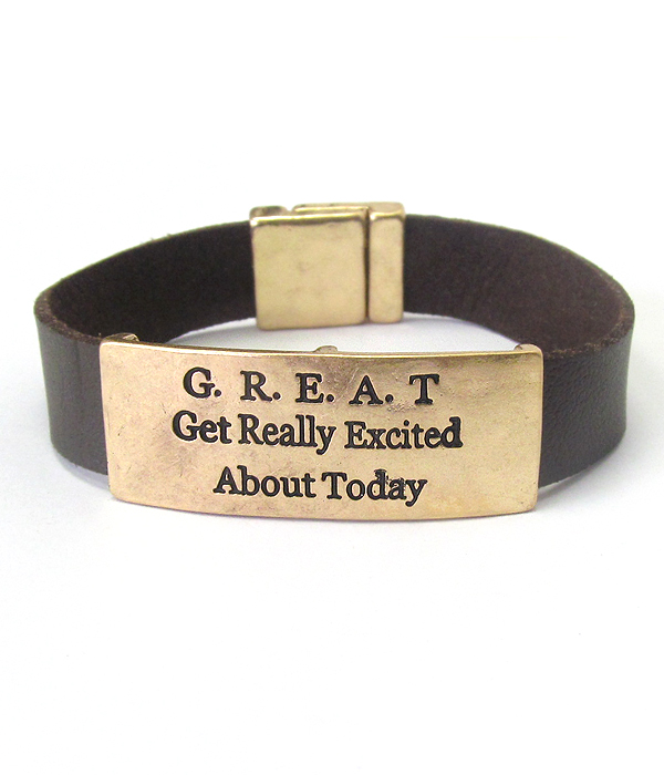 INSPIRATION MESSAGE PLATE AND LEATHER BAND MAGNETIC BRACELET - GREAT