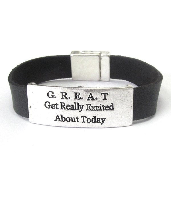 Inspiration message plate and leather band magnetic bracelet - great