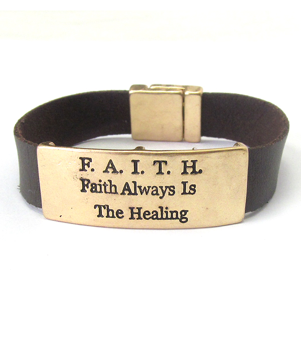 Inspiration message plate and leather band magnetic bracelet - faith
