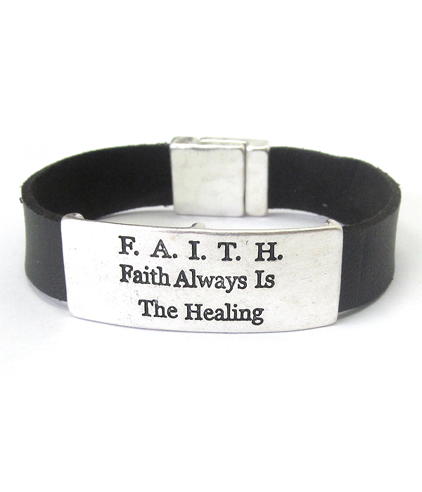 INSPIRATION MESSAGE PLATE AND LEATHER BAND MAGNETIC BRACELET - FAITH