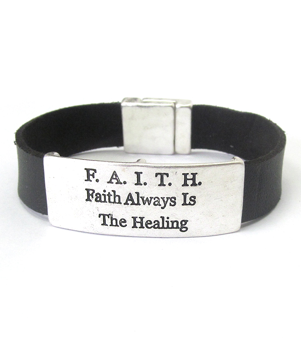 Inspiration message plate and leather band magnetic bracelet - faith