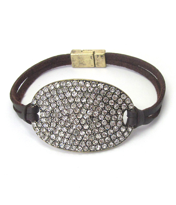 Crystal stud oval plate and leather band magnetic bracelet