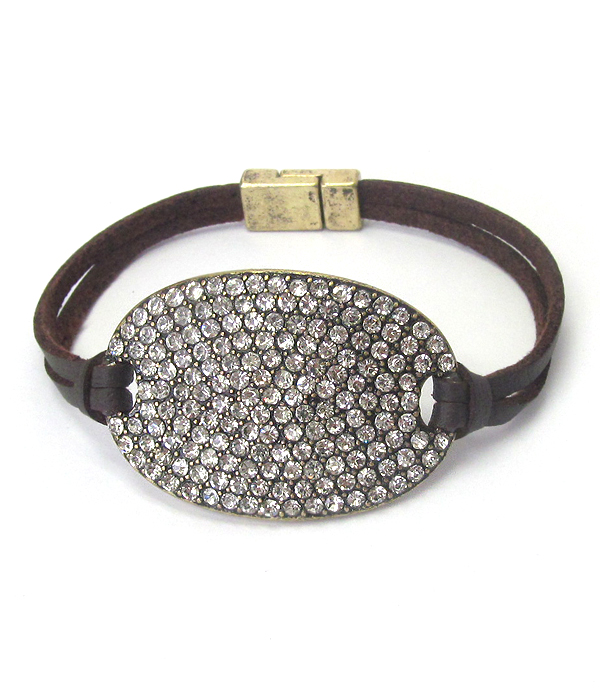 CRYSTAL STUD OVAL PLATE AND LEATHER BAND MAGNETIC BRACELET