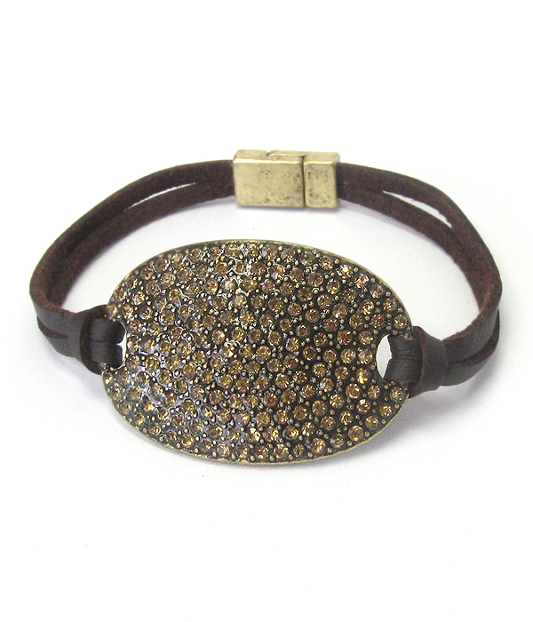 Crystal stud oval plate and leather band magnetic bracelet