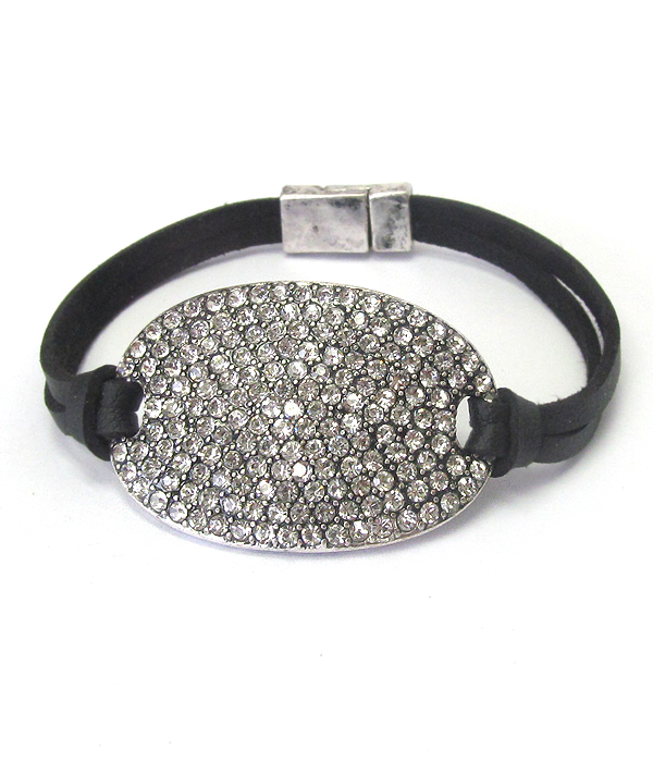 Crystal stud oval plate and leather band magnetic bracelet